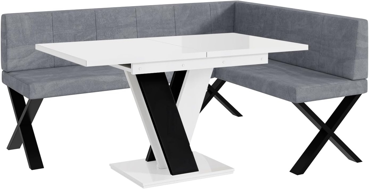 MEBLINI Eckbank für Esszimmer mit ausziehbarem Tisch - Küchenbank - Essecke - Sitzecke Küche - PETER - X-Beine 128x168x87cm Rechts - Grau Samt/M Weiß-Schwarz Hochgl. Bild 1