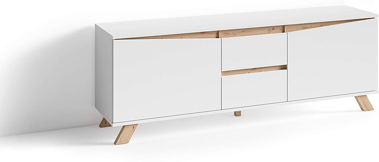 byLIVING TV-Board VALENTIN / Lowboard matt weiß mit Absetzung in Eiche-Optik / Fernsehtisch mit 2 Türen und 2 Schubkästen / Fernsehschrank im Scandi-Style / Grifflos / B 160, H 60, T 38 cm Bild 1