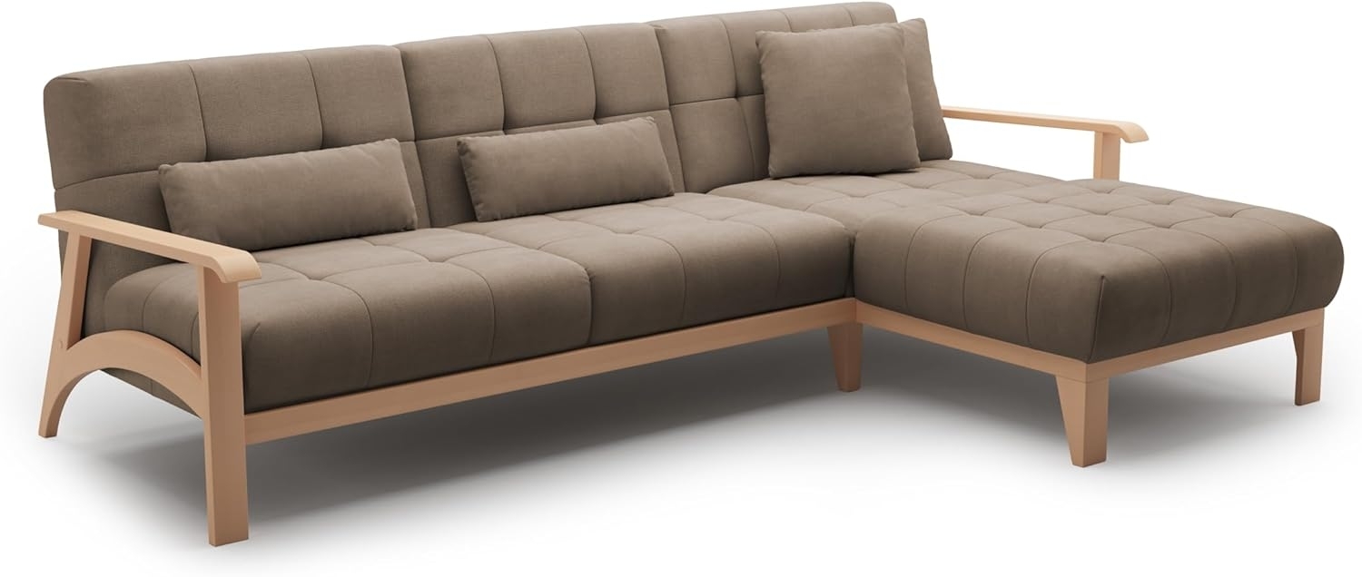 Cavadore Ecksofa Billan / Schlafsofa im skandinavischen Design mit Longchair, Bett und massivem Holzgestell in Buche / 264 x 88 x 183 / Flachgewebe, Braun Bild 1