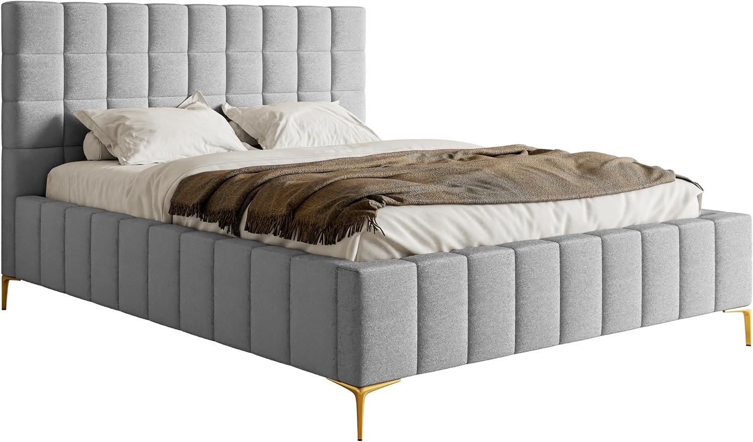 Selsey Bett Polsterbett Doppelbett 180x200 cm Mit Bettkasten Metallrahmen Goldene Beine Gasdruckfeder Schlafbett Chenille Hellgrau Szejlo Bild 1