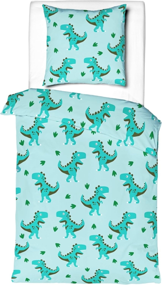 JACK Kinderbettwäsche 135x200cm Flanell Dino Dinosaurier Mistral, Flanell, 2 teilig, T-Rex in Grün Türkis Blau Bild 1