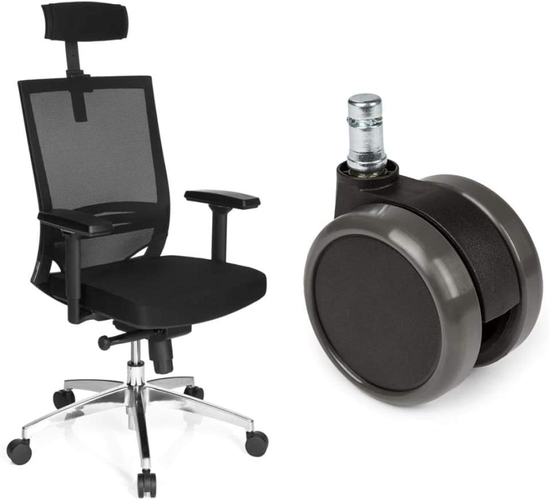 hjh OFFICE 657260 Bürostuhl Drehstuhl Porto MAX HIGH Netzstoff schwarz + Hartbodenrollen für Bürostuhl ROLO Stift 11 mm/Rolle 65 mm Bild 1