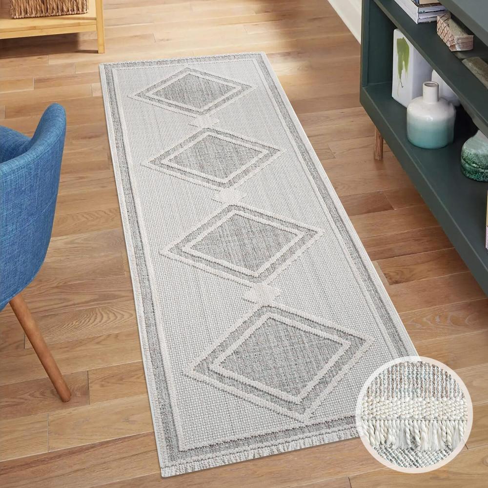 carpet city Teppich-Läufer Kurzflor Flur - Grau, Grün - 80x300 cm - Teppiche Fransen Boho-Style - Raute-Optik - Schlafzimmer, Wohnzimmer Bild 1