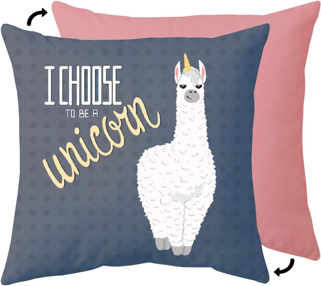 Kissen Lama - I Choose to be a Unicorn, Vorderseite mit Motiv, Rückseite einfarbig, ca. 40x40 cm, blau / apricot Bild 1