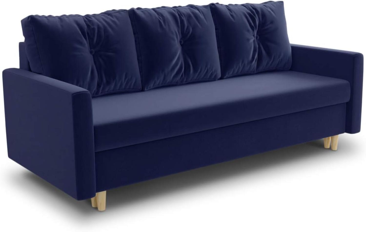 Schlafsofa Rico - Couch mit Schlaffunktion Sofa mit Bettkasten Bettfunktion Bettsofa Skandinavisch Polstergarnitur Bonell-Ferderkern Velours (Dunkelblau (Kronos 09)) Bild 1