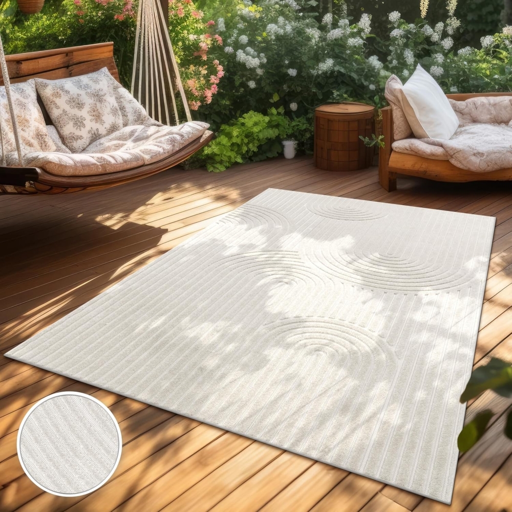 Paco Home Outdoor Teppich Wetterfest Wohnzimmer Küchenteppich Balkon Boho Skandi Design Regenbogen Einfarbig Geometrisch Creme, Grösse:120x170 cm Bild 1