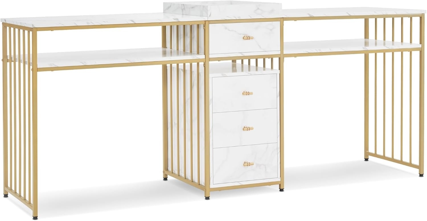 M MCombo Doppelnageltisch mit Schubladen, Schreibtisch mit Regal, Manikürtisch, Schminktisch ohne Spiegel Wohnzimmer Modern, Marmor-Weiß Gold, 2413 Bild 1