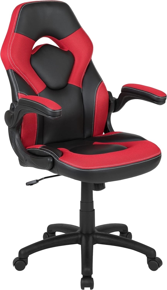 Flash Furniture Gaming Stuhl mit hoher Rückenlehne – Ergonomischer Bürosessel mit verstellbaren Armlehnen und Netzstoff – Perfekt als Zockerstuhl und fürs Home Office – Rot Bild 1