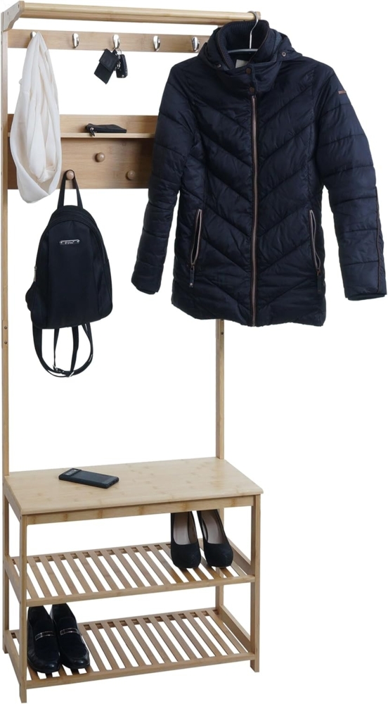 Bambus Standgarderobe HWC-N82, Garderobenständer Schuhregal Sitzbank Schuhbank, Kleiderhaken FSC® 170x70x31cm Bild 1