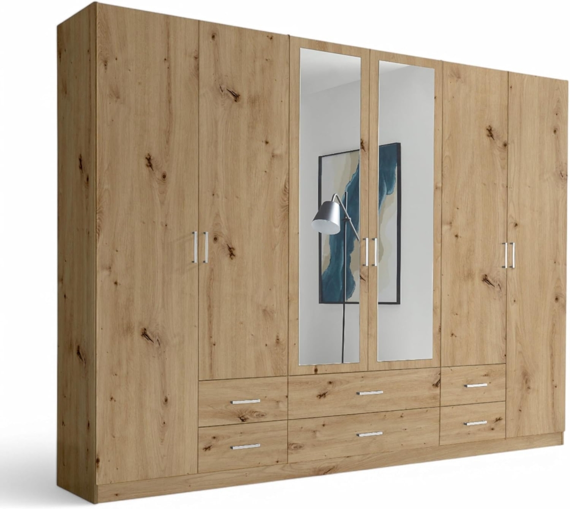 Stella Trading ELVA Kleiderschrank mit Spiegeltüren in Artisan Eiche Optik - Vielseitiger Drehtürenschrank 6-türig für Ihr Schlafzimmer - 271 x 210 x 54 cm (B/H/T) Bild 1