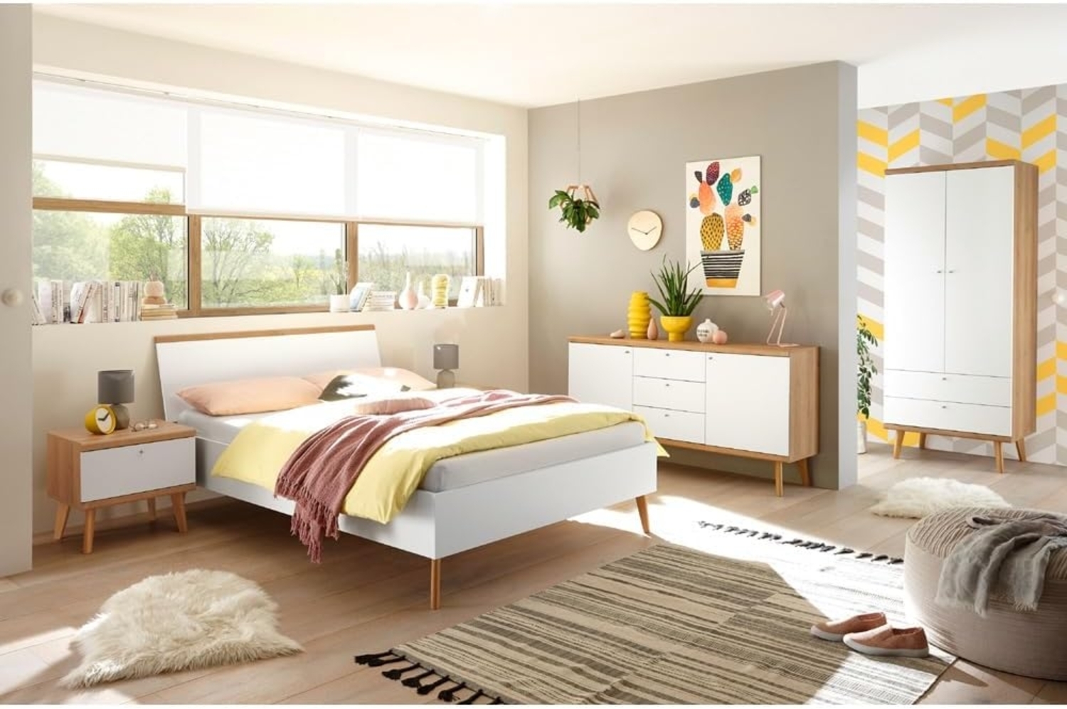 Schlafzimmer Jugendzimmer Komplettset MAINZ-61 im Scandi-Look, weiß matt mit Eiche Riviera Bild 1