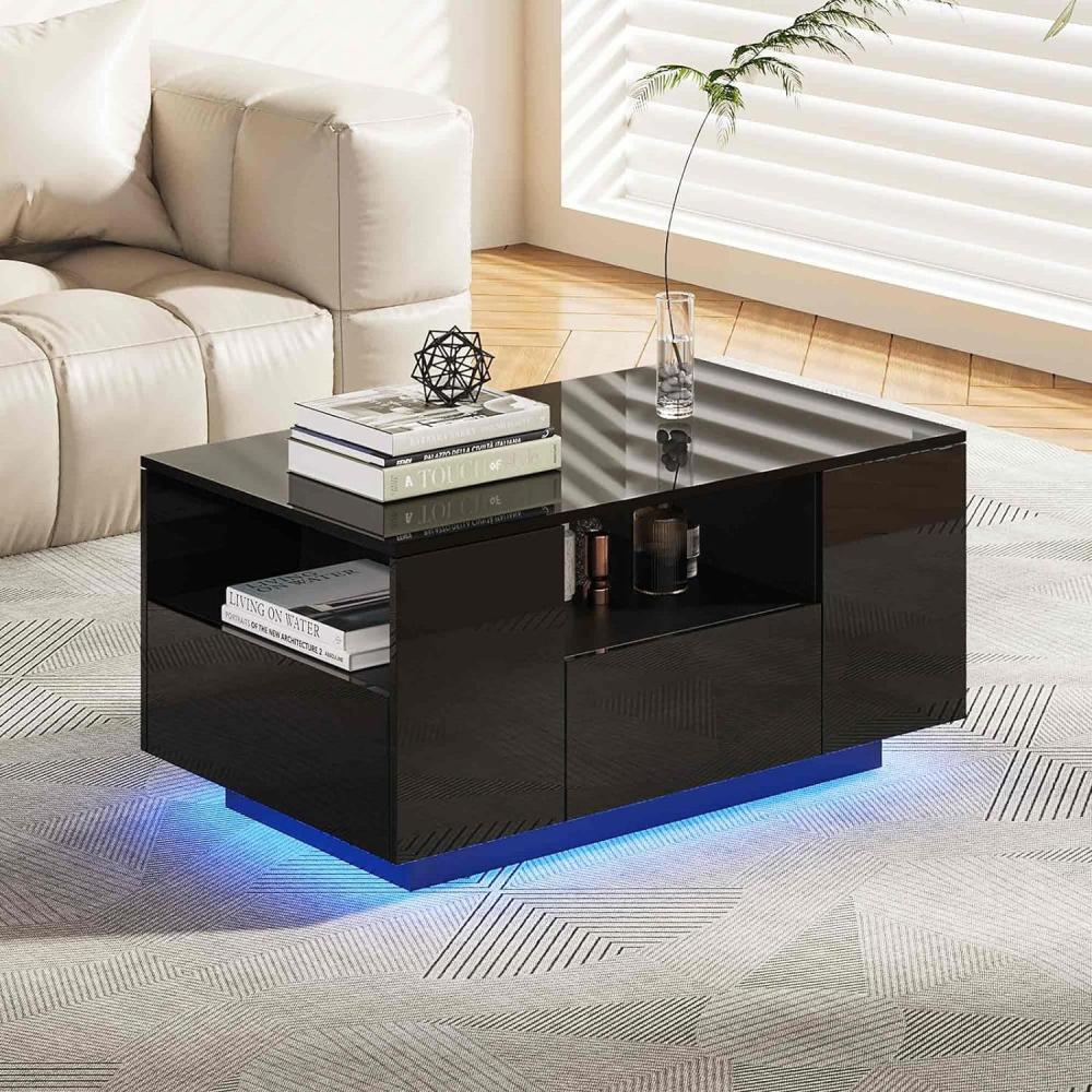 Makika LED Couchtisch mit Ablagefach und Schubladen, Holz schwarz, Hochglanz, 95 x 57 x 45 cm Bild 1