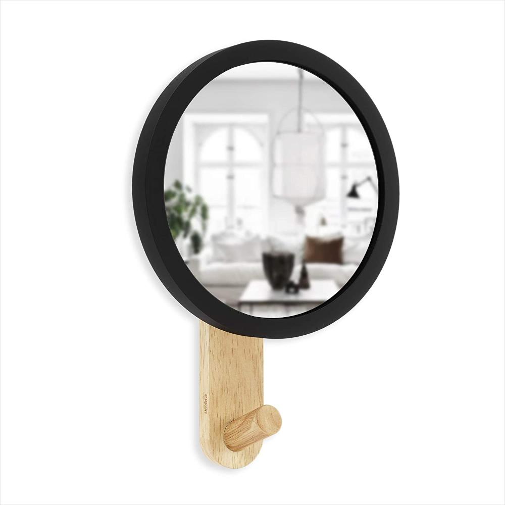 Umbra Furniture Hub Spiegelaufhänger, Aufhänger, Haken, Spiegel, Spiegelglas und Massivholz mit Gummiband, Schwarz, 318410045 Bild 1