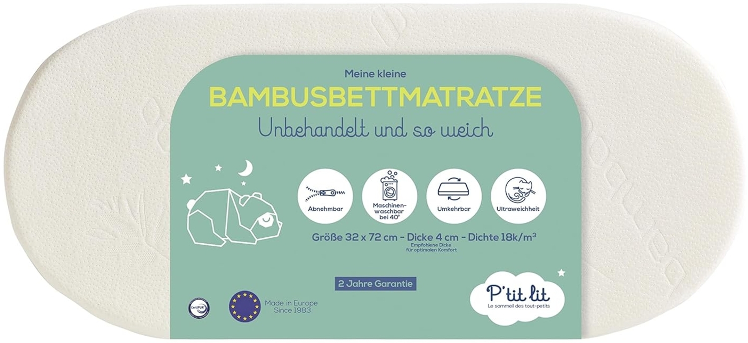 P'tit lit - Stubenwagenmatratze aus Bambus - 72x32 cm - Weiche und seidige Babyviskose - Ideale Kinderwagenwanne und Wiege - Umdrehnbar - Abnehmbar Bild 1