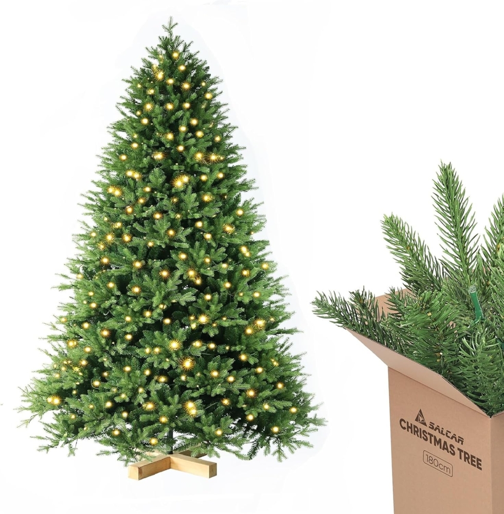 Salcar Künstlicher Weihnachtsbaum Tannenbaum mit Beleuchtung, Edeltanne, mit Echtholz Baumständer, Nordmanntanne, 180 cm Christbaum mit 450 LEDs und 1150 PE-Zweigen und 472 PVC-Zweigen Bild 1