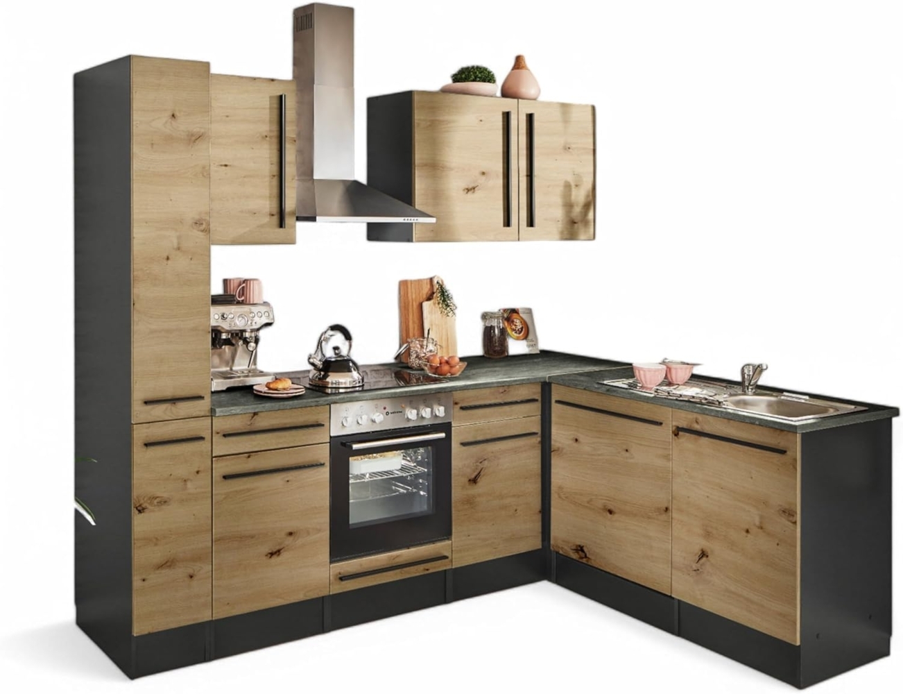 Jazz 8 Moderne Eckküche mit Elektrogeräten in Anthrazit, Artisan Eiche Optik - Geräumige Küchenzeile in L-Form mit viel Stauraum - 250 x 211 x 60 cm (B/H/T) Bild 1