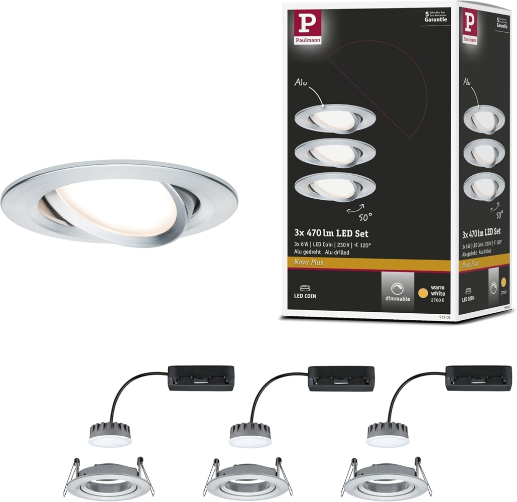 Paulmann 93903 Einbauleuchte LED Coin Slim IP23 rund Alu 3er-Set dimmbar und schwenkbar Bild 1