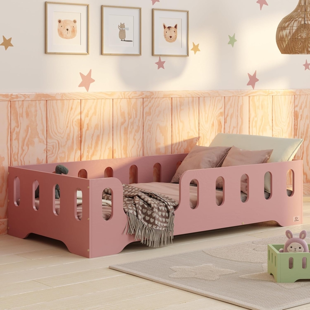 smartwood Kinderbett Bodenbett 90x180 mit Rausfallschutz & Lattenrost - Rosa - Kinder Montessori Bett TILA 2L mit glatten Kanten - Betten für schnelle Montage - Bis 230 kg belastbar Bild 1