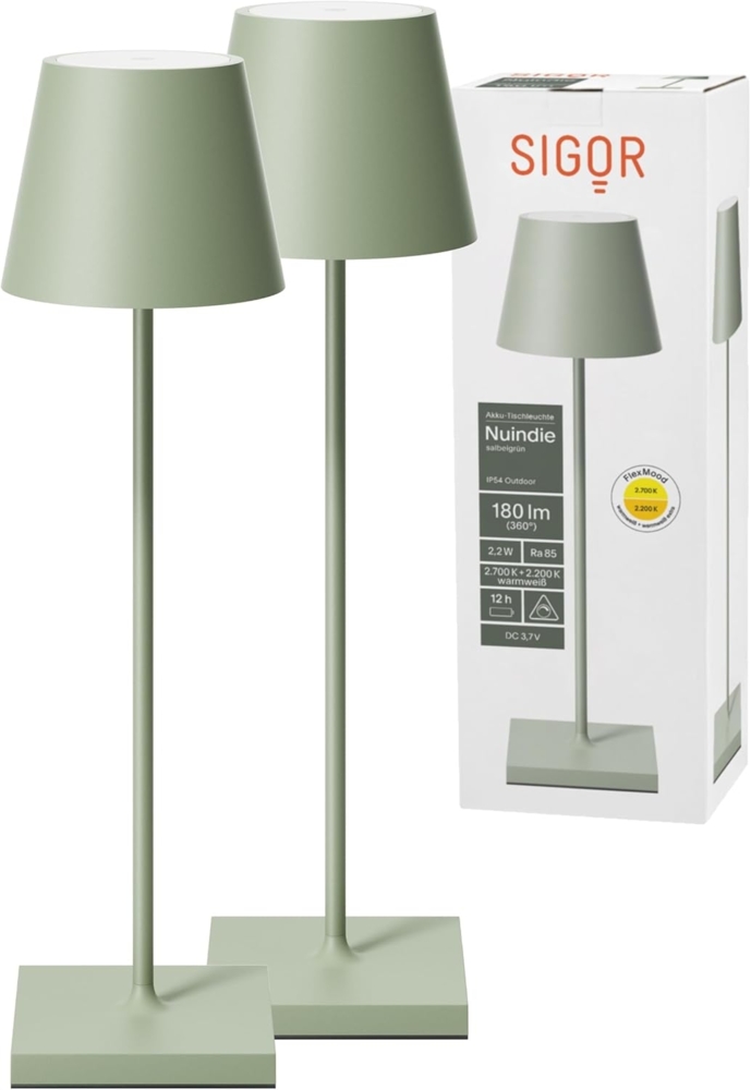 SIGOR LED Tischleuchte 2x Nuindie USB-C 380mm salbeigrün, Dimmbar, LED fest integriert, 2.700 K / 2.200 K Bild 1