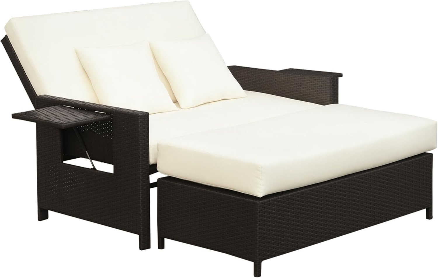 Outsunny Gartensofa Zweisitzer-Gartensofa mit Liegefunktion, Polyrattan Lounge-Sofa 2 Teile, Polyrattan Lounge-Sofa 2-Sitzer Set Gartenliege Hocker Braun Bild 1