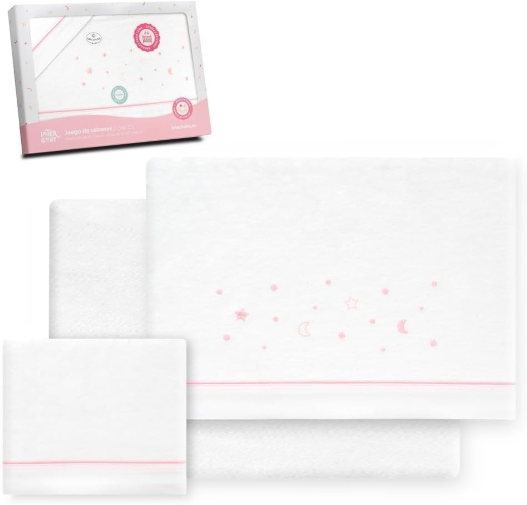 Interbaby Bettwäsche-Set für Kinderbett, 60x120 cm, 100% Baumwolle, warm, weich, inklusive Spannbettlaken, Bettbezug und Kissenbezug, ideal für den Winter, Sterne, Mond, Weiß/Rosa Bild 1
