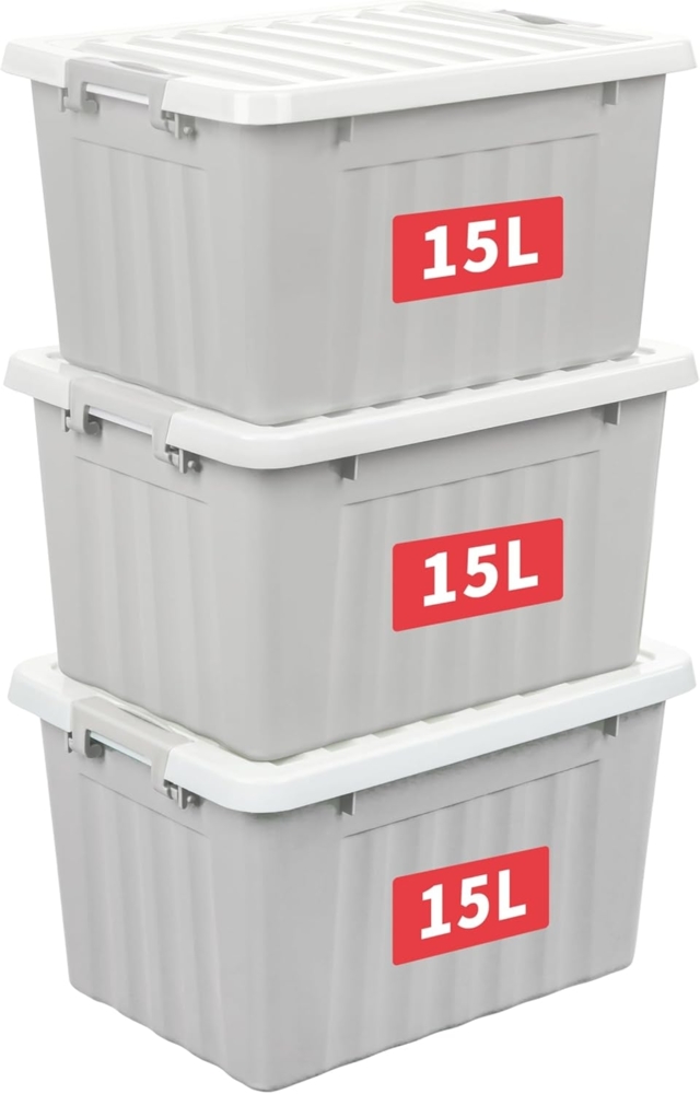 Cetomo,15L,3er-Pack, Aufbewahrungsbox mit deckel,Aufbewahrungsboxen, mit Clips, stapelbar, Wohnzimmer, Schlafzimmer. lebensmittelecht ,Verschlussclips,Neumaterial Plastik-Box grau Bild 1