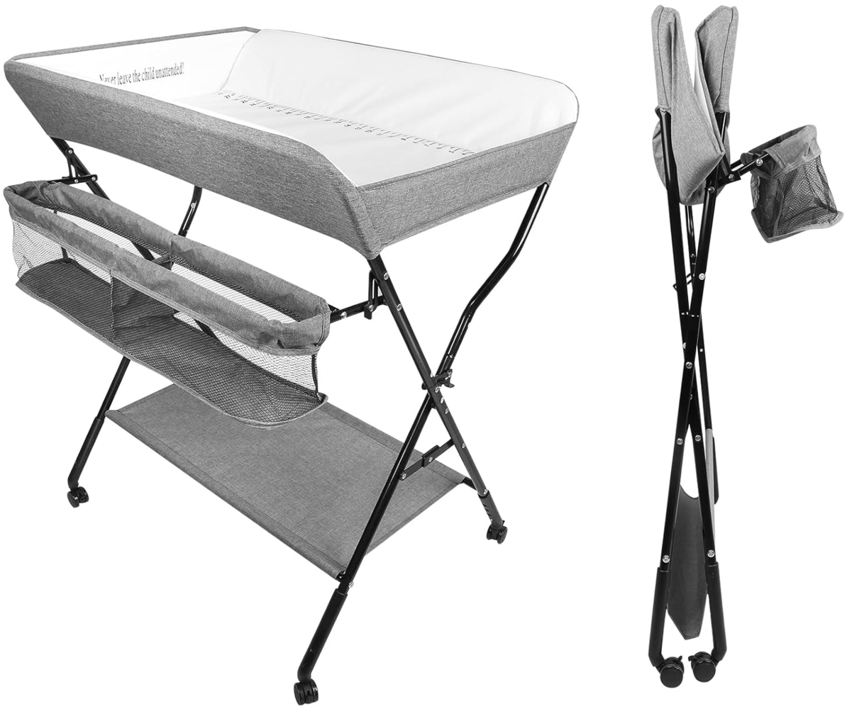 OHMG Baby Wickelkombi Klappbare Wickelkommode,Wickeltisch mit Rollen,Mobiler Wickeltisch mit Wickelauflage,Sicherheitsgurt und Ablagefächern,Wasserdicht und Höhenverstellbar,Stabil Bild 1