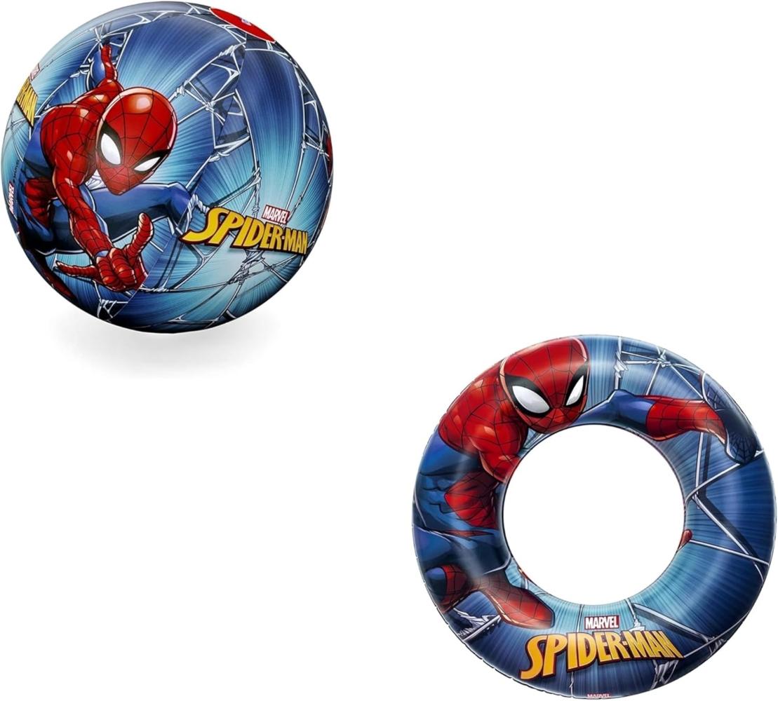 Bestway | Spider-Man Bade-Set | Wasserball 51 cm + Schwimmring 56 cm | ideal für Strand oder Schwimmbad Bild 1