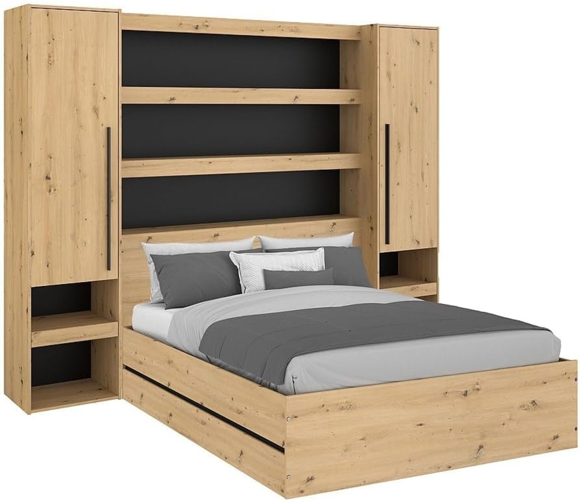 Vente-unique - Bett mit Bettkasten & Überbau - 140 x 190 cm - Holzfarben & Schwarz - LUDARO Bild 1