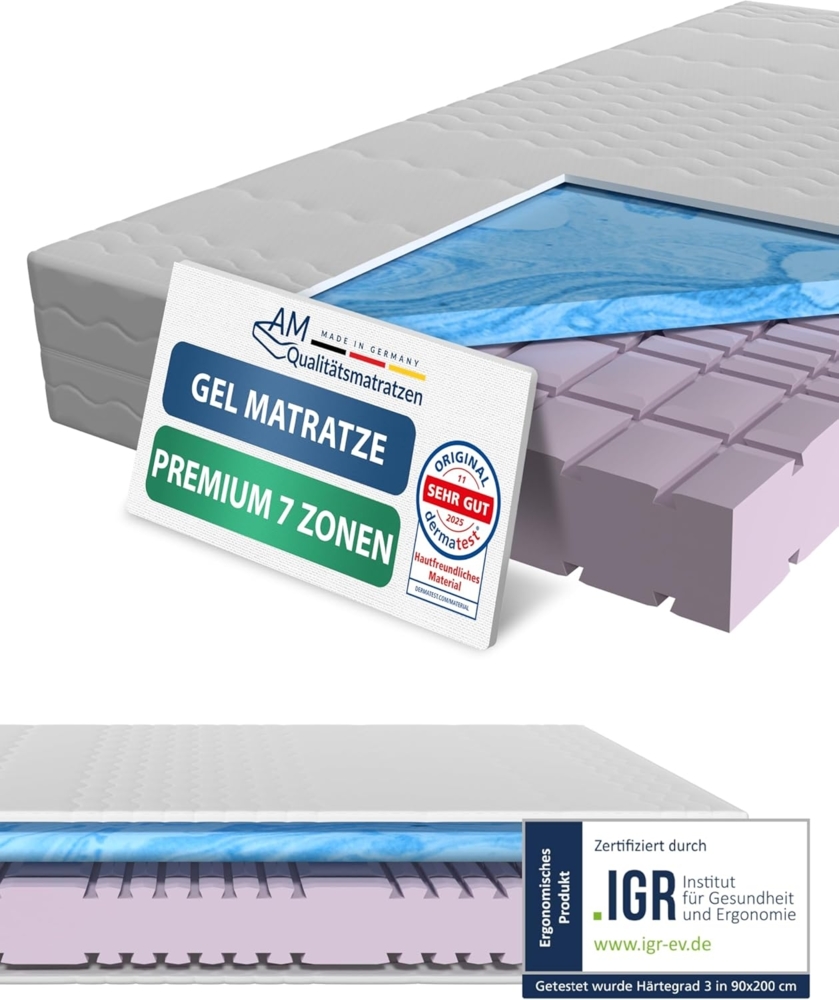 AM Qualitätsmatratzen Kaltschaummatratze mit 6 cm Gelschaum-Auflage, H2, Höhe 24 cm, 90x200 cm Bild 1