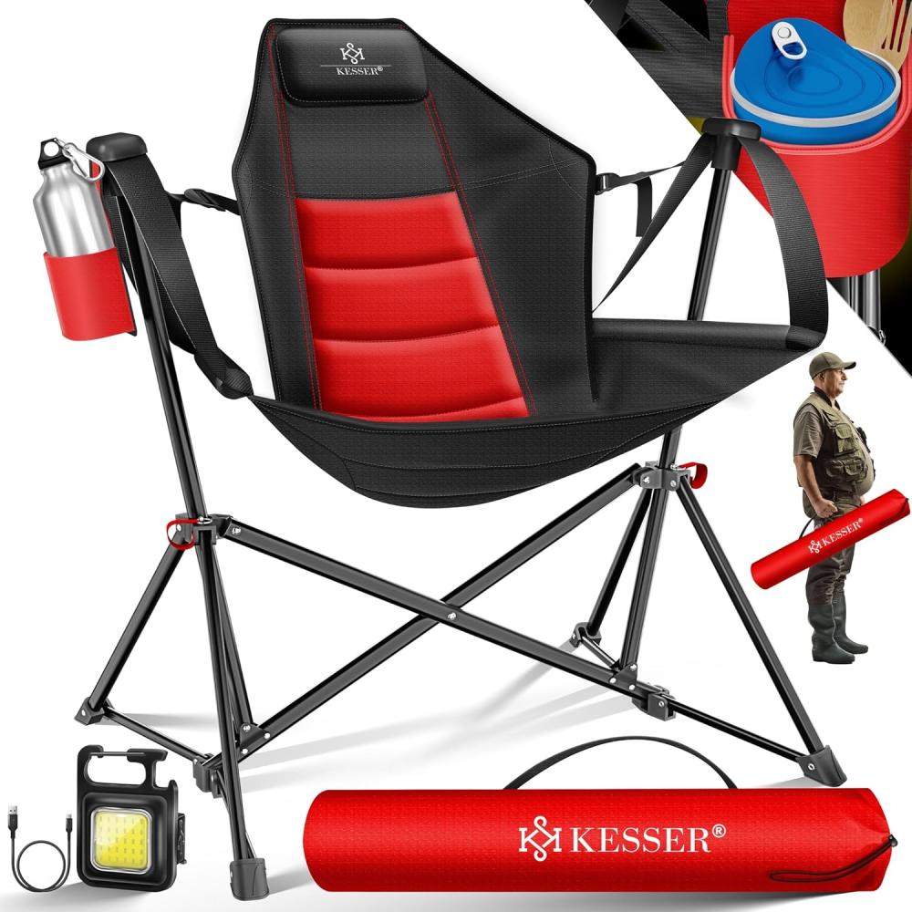 KESSER® Campingstuhl faltbar bis 160 kg | Angelstuhl Faltstuhl Klappstuhl Gepolstert mit Armlehnen | Campinglicht und Getränkehalter + Tasche mit hoher Rückenlehne | Strandstuhl mit Wippfunktion Rot / Schwarz Bild 1