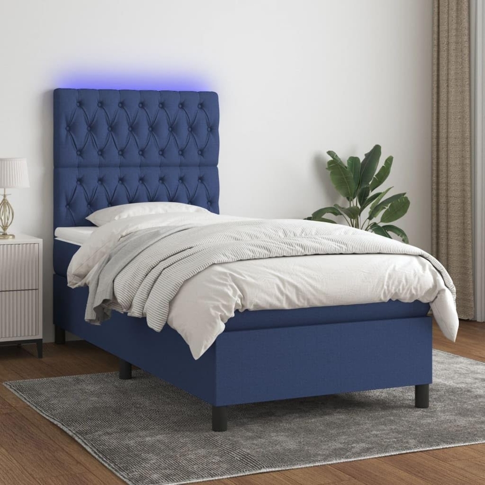 vidaXL Boxspringbett mit Matratze & LED Blau 100x200 cm Stoff 3135099 Bild 1
