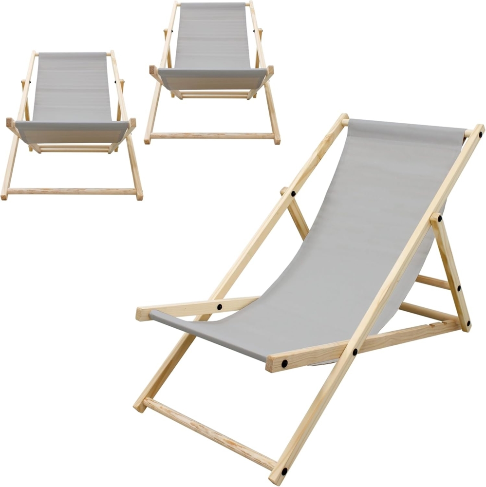 ECD Germany 3er Set Liegestuhl klappbar, Hellgrau, Holz, verstellbare Rückenlehne, 3 Positionen, bis 120kg, Sonnenliege Gartenliege Strandliege Strandstuhl Holzklappstuhl, für Garten, Balkon & Strand Bild 1