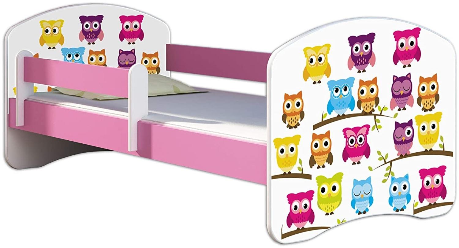 Kinderbett Jugendbett mit einer Schublade und Matratze Rausfallschutz Rosa 70x140 80x160 80x180 ACMA II (31 Eule, 80x160 cm) Bild 1