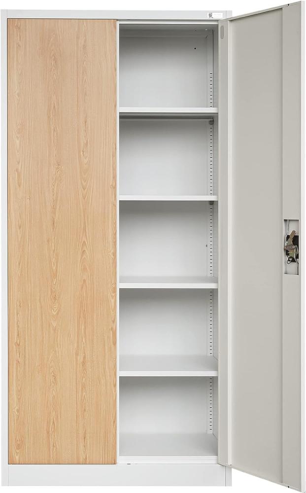 Aktenschrank C001H Büroschrank Metallschrank Stahlschrank Werkzeugschrank Stahlblech Pulverbeschichtet Flügeltürschrank Abschließbar 195 cm x 90 cm x 40 cm (Weiß-Holzoptik) Bild 1