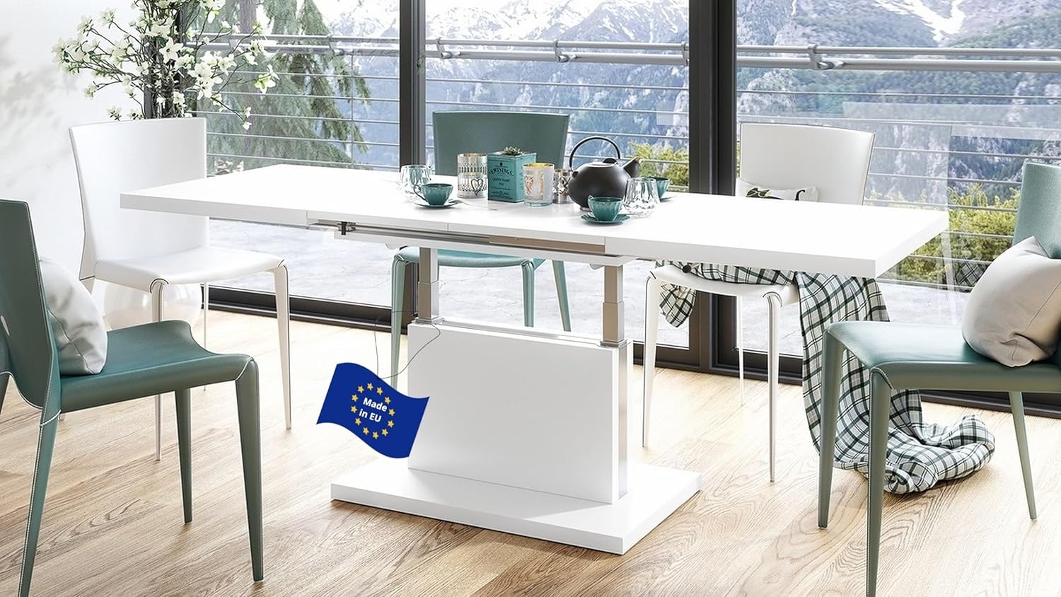 Mazzoni Couchtisch Aston Weiß Matt stufenlos höhenverstellbar ausziehbar 120 bis 200cm, Funktionstisch, Wohnzimmertisch, Tisch, Esstisch, Sofatisch Bild 1