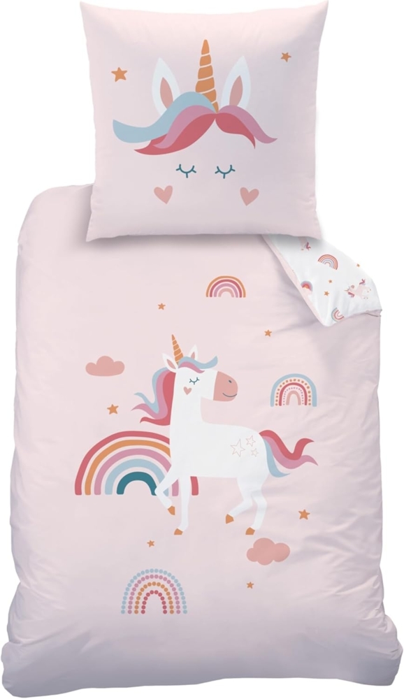 MTOnlinehandel Bettwäsche Einhorn 135x200 + 80x80 cm (Unicorn), 100% Baumwolle, 2 teilig, Mädchen-Bettwäsche Magic Tale, Regenbogen, Sterne und Wolken Bild 1