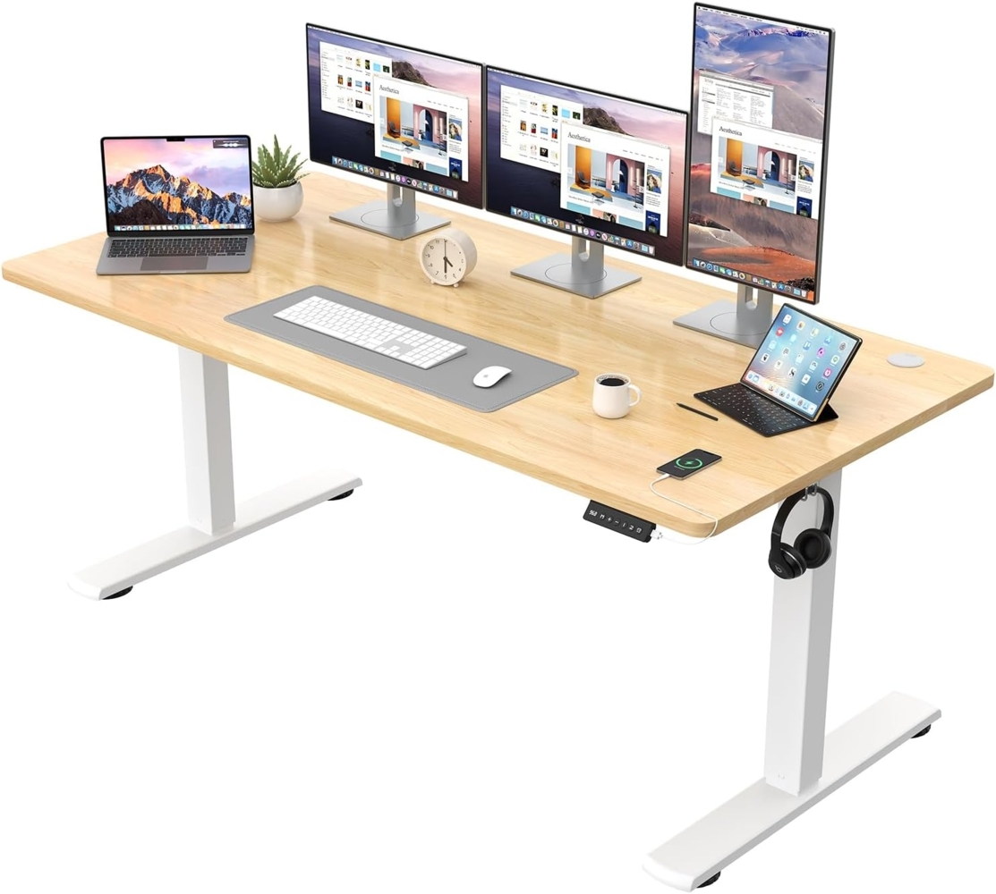 JUMMICO Höhenverstellbarer Schreibtisch KOMPLETTE TISCHPLATTE Elektrischer Schreibtisch Höhenverstellbar mit Memory-Funktion Steh-Sitz Tisch Computertisch 160x60 cm Beige Bild 1