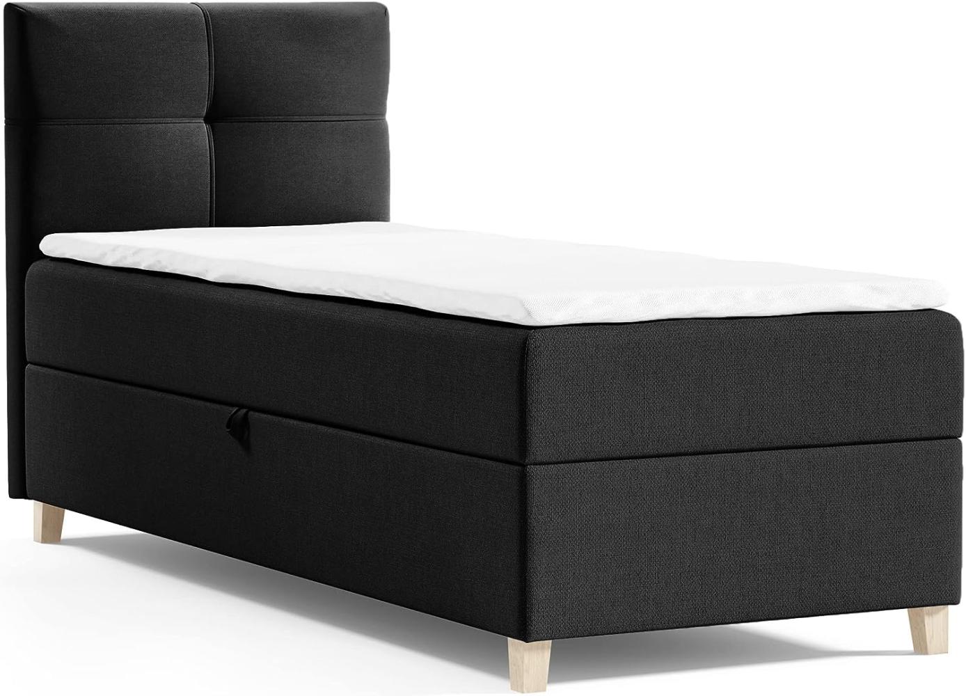 Boxspringbett Candy Mini mit Bettkasten und Topper - Einzelbett mit Bonell-Matratze und Topper, Bett mit Holzfüße, Jugendbett, Kinderbett (Schwarz (Soro 100), 90x200 cm) Bild 1