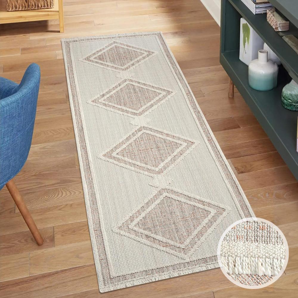 carpet city Teppich-Läufer Kurzflor Flur - Terracotta - 80x300 cm - Teppiche Fransen Boho-Style - Raute-Optik - Schlafzimmer, Wohnzimmer Bild 1