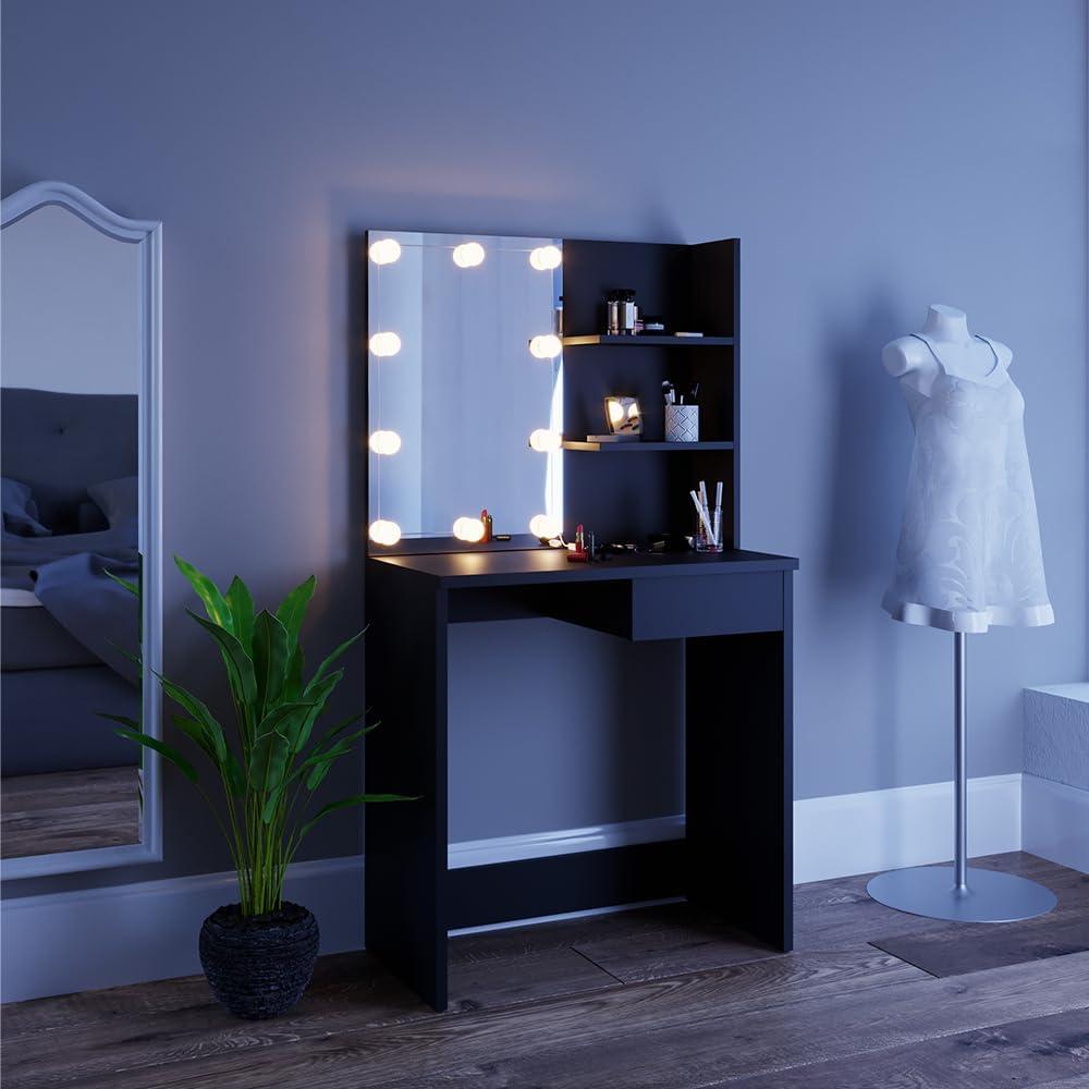 Vicco Schminktisch Dekos Frisiertisch Kommode Frisierkommode Spiegel Schwarz inklusive LED-Lichterkette Bild 1