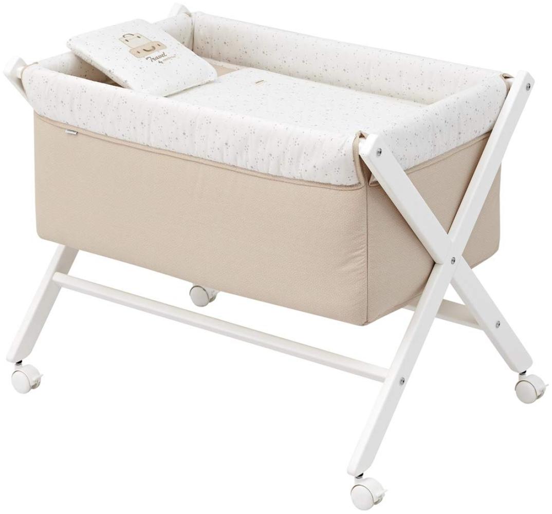 Cambrass Mini-Kinderbett mit gekreuzten Beinen und Rollen mit Bremsen - Babybett für die ersten Monate des Babys - leicht zu transportieren - Mini-Kinderbett Schere Holz 55 x 87 x 74 cm Sky Beige/Weiß Bild 1