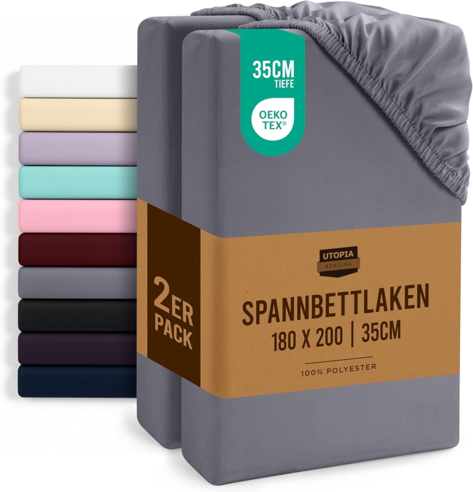 Utopia Bedding - 2er Set Spannbettlaken 180x200 cm - Grau - Gebürstete Mikrofaser Spannbetttuch - 35 cm Tiefe Tasche Bild 1