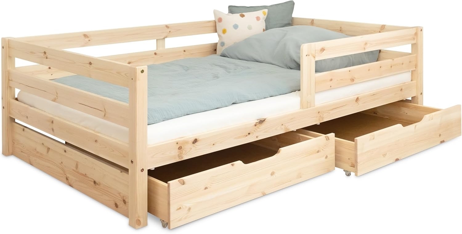Ehrenkind Kinderbett aus massivem Kiefernholz mit Rausfallschutz in Natur und Weiß (Jugendbett in Natur, Kinder Bett), Kinderbett 90x200 cm Bild 1