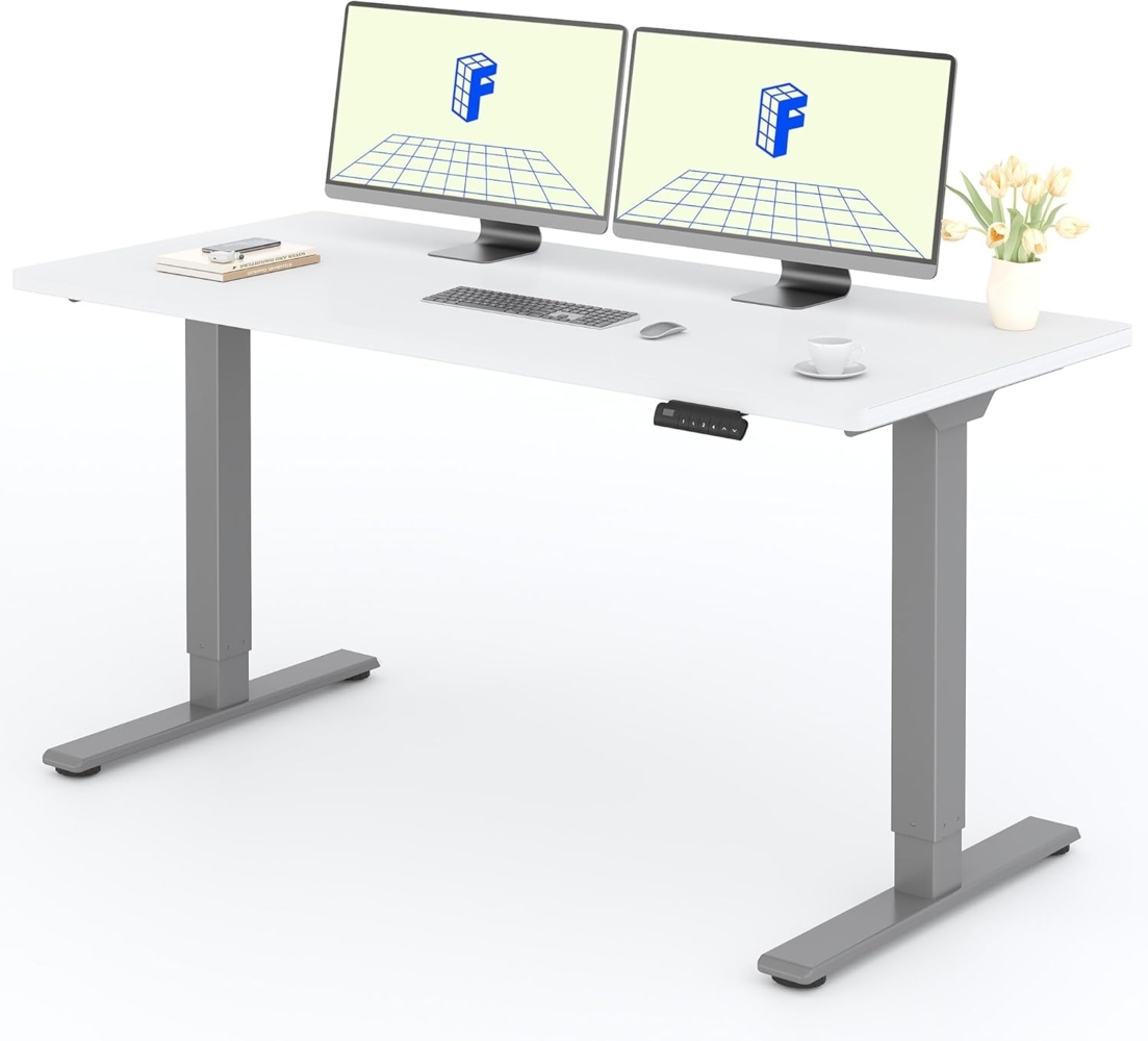 FLEXISPOT Basic Plus Elektrisch Höhenverstellbarer Schreibtisch (160x80 cm) mit Tischplatte 2-Fach-Teleskop, Sitz- & Stehpult mit Memory-Steuerung (weiß+grau Gestell) Bild 1