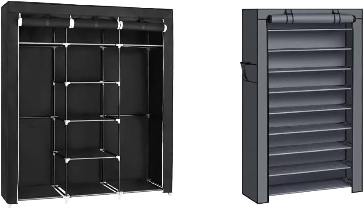 Songmics Kleiderschrank, Faltschrank, Stoffschrank, 175 x 150 x 45 cm, schwarz RYG12B & Schuhregal mit 10 Ebenen, Schuhaufbewahrung, Schuhorganizer, für bis zu 40 Paar Schuhe, 88 x 28 x 160 cm, grau Bild 1