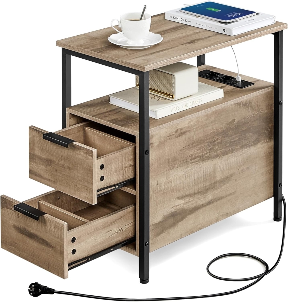 VASAGLE Beistelltisch, Nachttisch mit Steckdosenleiste, 2 Schubladen, Sofatisch, Nachtschrank für Wohnzimmer, Schlafzimmer, Kamelbraun-tintenschwarz LET325K01 Bild 1