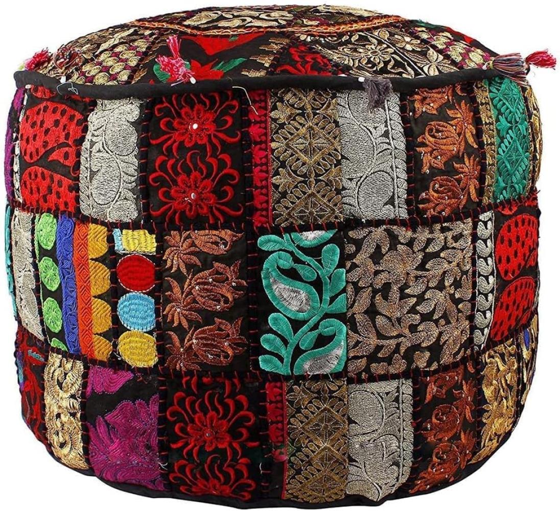 Aakriti Indian Pouf Fußhocker mit Stickerei Pouf, indische Baumwolle, Pouffe osmanischen Pouf Cover mit ethnischem Dekor Kunst - Cover (Black, 46x33 cms) Bild 1