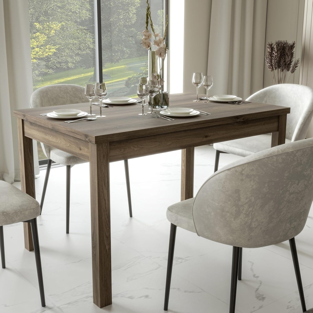 Forte LACETTI Esstisch 120, moderner, ausziehbarer Esstisch, Wohnzimmer, Esszimmer, Valencia Eiche Holzdekor, 120,4 cm (160,4) breit x 76,6 cm hoch x 80 cm tief Bild 1