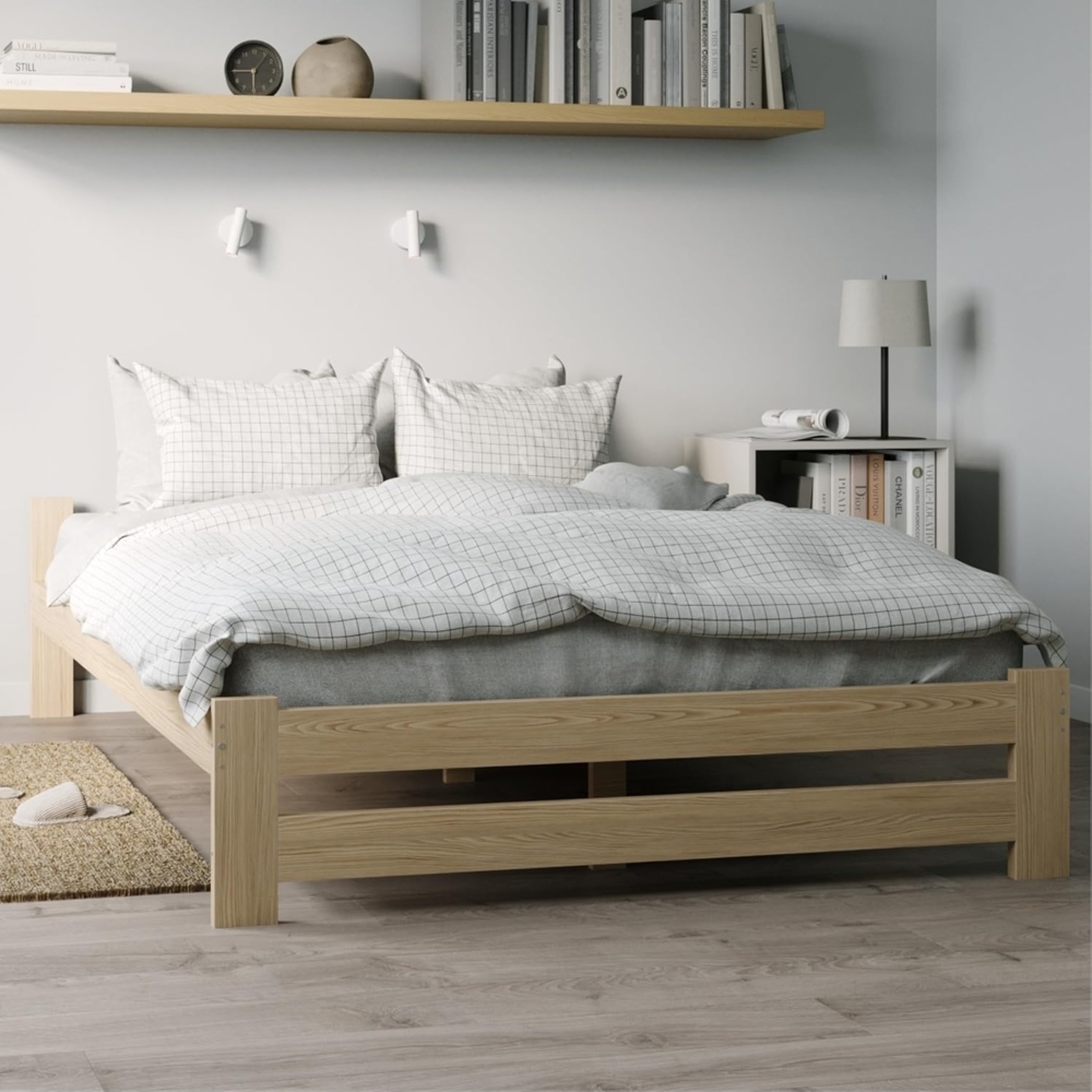 Home Collective Holzbett mit Lattenrost Modern Bett Kiefer Bettgestell Massivholzbett Klassisch (90x200, 120x200, 140x200, 160x200 cm), Doppelbett, Skandi Boho Landhaus Kopfteil flach 160x200 cm natur Bild 1